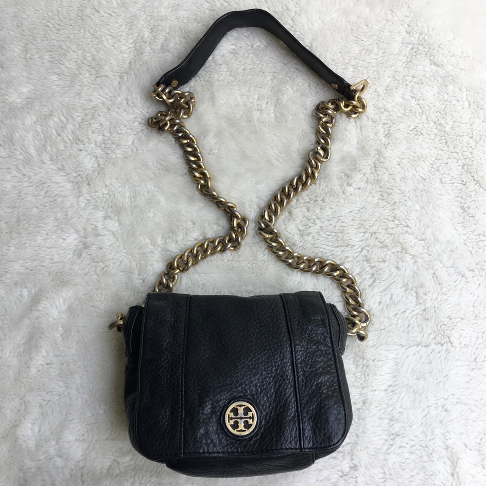Tory Burch Black Leather Gold Chain Flap Bag